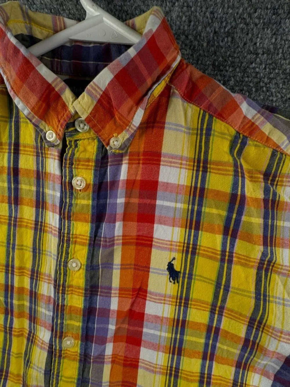 Ralph Lauren Boys Size Medium Button Up Shirt Short Sleeve Yellow Orange Plaid